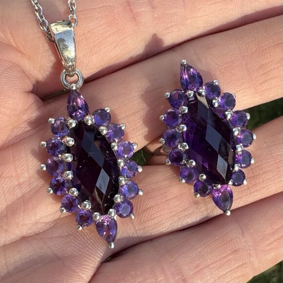 Vintage Estate Amethyst Pendant & Ring Set 925 Sterling Silver Marquise Size 9 - Picture 4 of 17